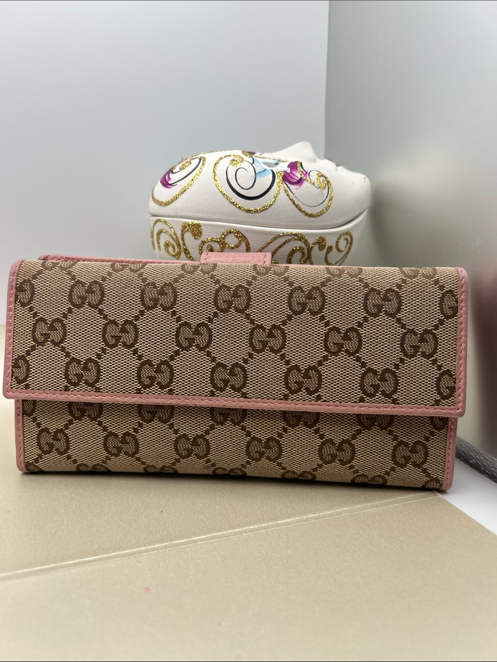 Gucci Beige GG Canvas Continental Long Wallet with Pink Leather Trim Bifold GC